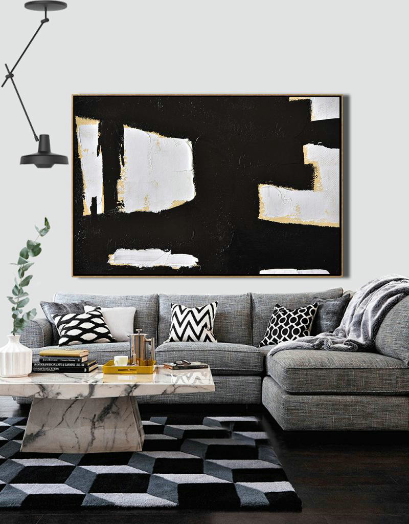 Extra Large Wall Art,Horizontal Palette Knife Minimal Canvas Art Painting Black White Beige - Abstract Art Decor,Contemporary Painting